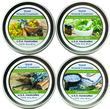 Set of 4- Premium 100% All Natural Soy Wax Aromatherapy Candle Tins: Lavender, Lavender Chamomile, Lavender Mint & Lavender Vanilla. 2 oz.- Naturally Strong Scented.