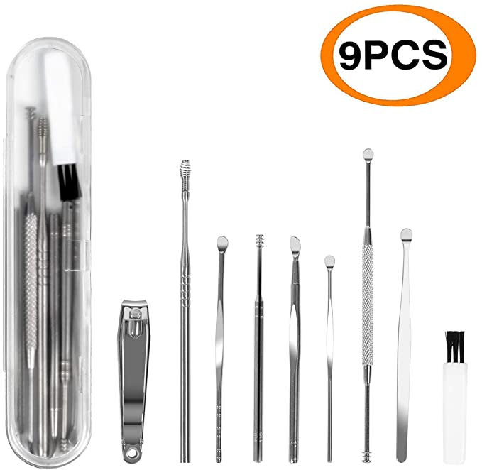 9 Pcs Ear Pick Earwax Removal Kit, Dealcase Ear Cleansing Tool Set, Ear Curette Ear Wax Remover Tool with a Cleaning Brush, Nail Clipper and Storage Box (Silver)