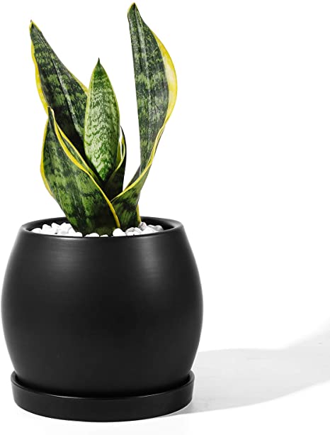 POTEY Ceramic Planter Flower Plant Pot - 5.1” with Drain Hole Saucer-Enough Space - Modern Decorative for Indoor Planters, Matte Black