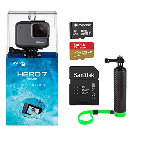 GoPro Hero7 Silver Bundle with Float Handle, Sandisk U3 32GB and 8GB MicroSDHC Memory Card