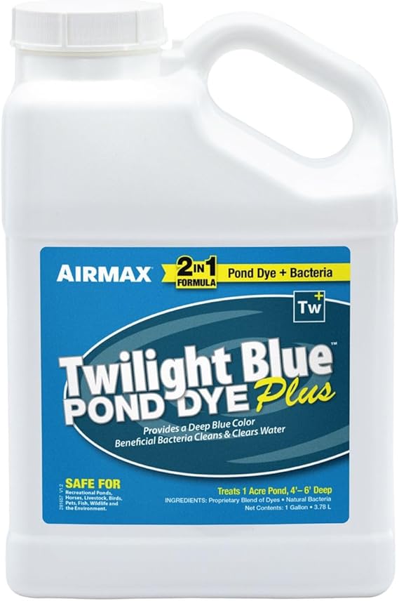 Airmax Pond Dye Plus, Twilight Blue Colorant & Natural Beneficial Bacteria, Large Pond & Lake Water Clarifier & Color Treatment, Shade Plants & Algae from Sunlight, Fish & Livestock Safe, 1 Gallon