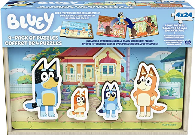 Bluey, 4-Pack of Wooden Puzzles with Bingo, Mum, and Dad Characters, 24 Piece Jigsaw Toy Gift Set, for Kids Aged 3 and up