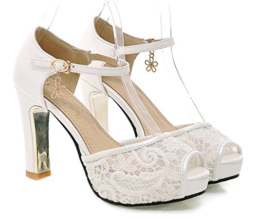 Sfnld Women's Sweet Peep Toe Low Cut Mesh Platform Ankle Strap High Chunky Heel Pumps Shoes with Buckle