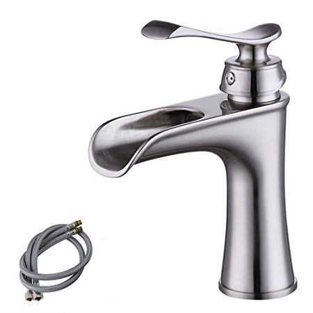 KES cUPC NSF Certified BRASS Waterfall Bathroom Faucet Brushed Nickel Single Handle Hole Lavatory Undermount Vanity Basin Hand Sink Faucet Modern Contemporary Satin Nickel, L3123LF-BN