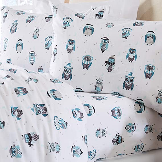 Home Fashion Designs Stratton Collection Extra Soft Printed 100% Turkish Cotton Flannel Sheet Set. Warm, Cozy, Lightweight, Luxury Winter Bed Sheets. (Queen, Winter Owls)