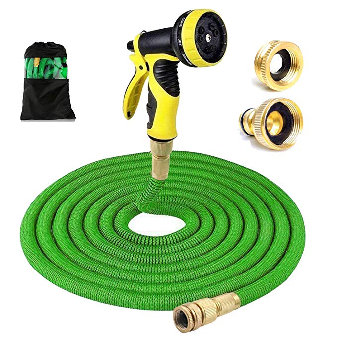 HENGQIANG Expandable Garden Hose, Brass Fittings Strongest Hose Pipe with 9 Spray Pattern, Retractable, Flexible, Never Kink, Lightweight Portable Water Hoses Use for Gardening, Pressure Wash (100FT)