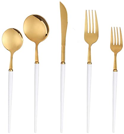 Artthome Cutlery Set - Silverware Set for 4 - Stainless Steel White and Gold Silverware Utensil Set with Knife Forks and Spoons - Non-Slip Non-Toxic Spoons and Forks Set and Safe-Edge Knives 20 Pcs