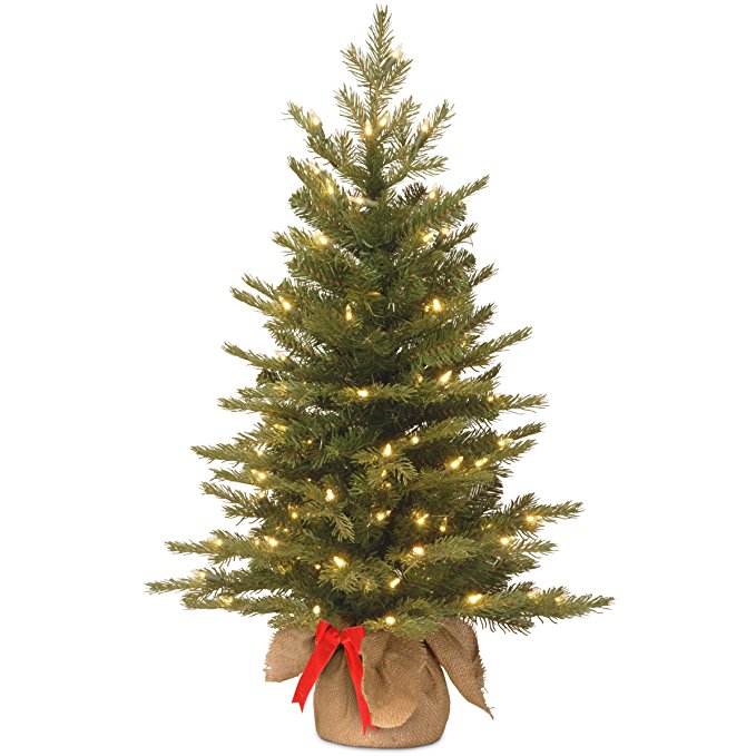 National Tree 3 Foot Feel Real Nordic Spruce Tree with 50 Warm White Battery Operated LED Lights with Timer in Burlap (PENS3-357-30-BS)