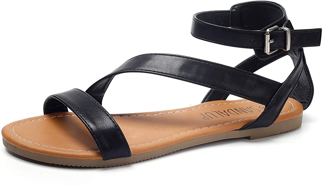 SANDALUP Flat Sandals with Oblique Band Ankle Strap for Women