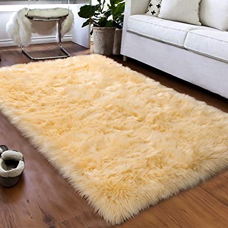 Softlife Fluffy Faux Fur Sheepskin Rugs Luxurious Wool Area Rug for Kids Room Bedroom Bedside Living Room Office Home Decor Carpet ( 3ft x 5ft, Yellow )
