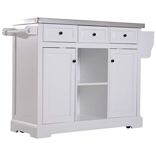 HOMCOM 51" x 18" x 36" Pine Wood Stainless Steel Portable Multi-Storage Rolling Kitchen Island Cart with Wheels - White