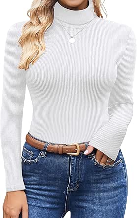 Ekouaer Women's Turtleneck Tops Ribbed Pullover Sweater Long Sleeves Shirts Midweight Thermal Underwear Blouse