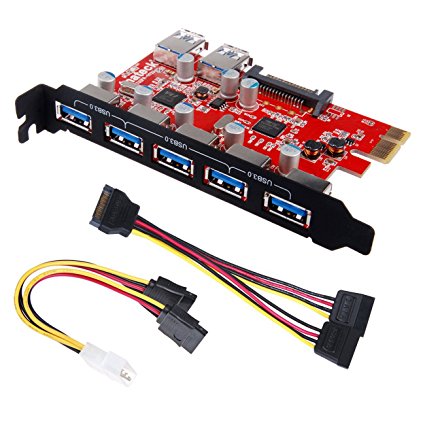 Inateck Superspeed 7 Ports PCI-E to USB 3.0 Expansion Card - Interface USB 3.0 5-Port & 2 Rear USB3.0 Port Express Card Desktop with 15 pin SATA Power Connector [ Include with A 4pin to 2x15pin Cable   A 15pin to 2x 15pin SATA Y-Cable ]