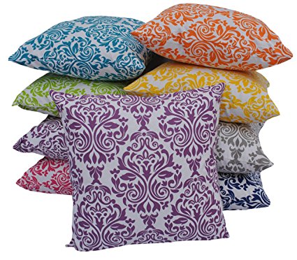 Purple throw pillow cover (set of 2) damask print bed pillow 100% cotton 18" x 18" fabric cushion cases, both side printed concealed zip decorative cushion cases by Trendsetter Homezz
