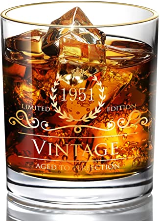 1951 70th Birthday Ideals for Men/Dad/Son, Vintage Unfading 24K Gold Hand Crafted Old Fashioned Whiskey Glasses, Perfect for Home Use - 10 oz Bourbon Scotch, Party Decorations