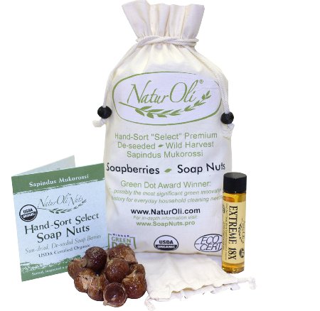 NaturOli Soap Nuts / Soap Berries. 1-Lb USDA ORGANIC (240 loads)   18X BONUS! (12 loads) Select Seedless. Wash Bag, Tote Bag, 8-pg info. Organic Laundry Soap / Natural Cleaner. Processed in USA!