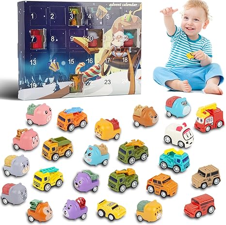 Advent Calendar 2023 Kids, 24 Surprise Pull Back Cars Christmas Countdown Calendar for 1 2 3 Year Old Boys Girls, 24 Days of Vehicles Christmas Advent Calendar, Xmas Gifts for Toddlers 12-18 Month