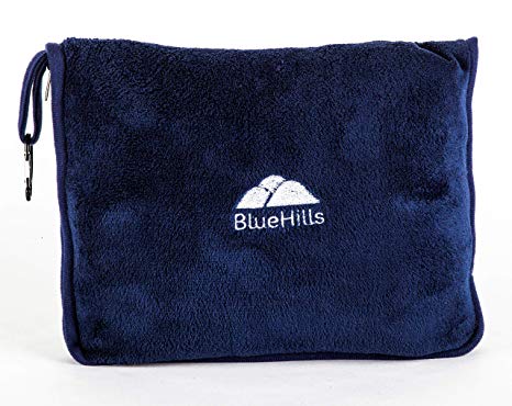 BlueHills Premium Soft Travel Blanket Pillow Airplane Blanket Packed in Soft Bag Pillowcase with Hand Luggage Belt and Backpack Clip, Compact Pack Large Blanket for Any Travel (Navy Blue T002)