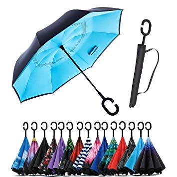 XIAOMOGU Creative Double Layer Inverted Umbrella Cars Reverse Umbrella, Windproof UV Protection Inverted Umbrella for Car Rain Outdoor Upside Down Umbrella with C-Shaped Handle