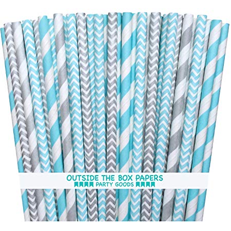 Outside the Box Papers Light Blue and Silver Stripe and Chevron Paper Straws 7.75 Inches 100 Pack Light Blue, Silver, White