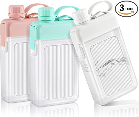 Amyhill 3 Pcs Flat Water Bottle 15oz A5 Travel Flask Leak Proof Slim Square Memo Bottles Plastic Portable Travel Mug for Outdoor Sports Fitness Camping Hiking Cycling