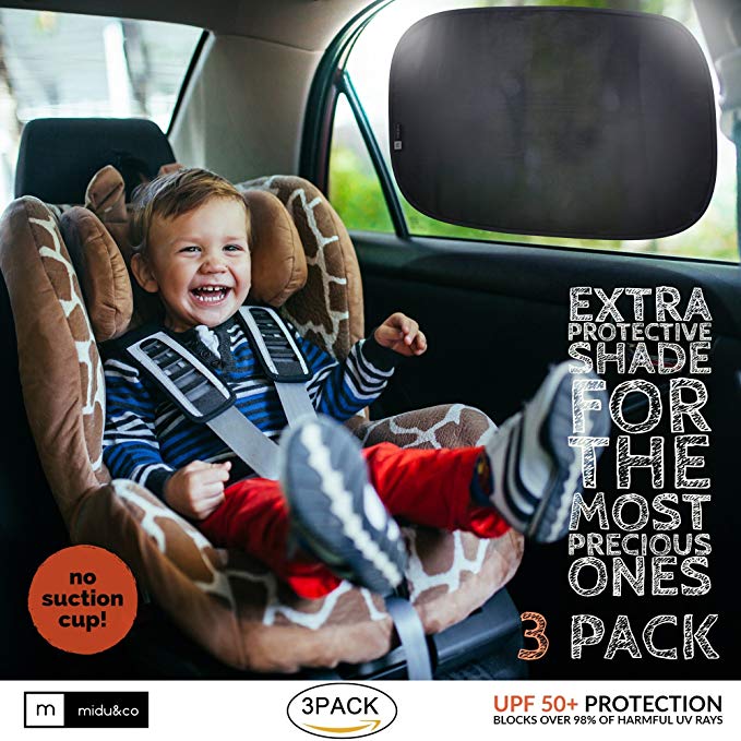 Sun Shade for Car Window XL (3 Pack) - Extra Protective Dense Weave Car Window Shade for Baby and Kids - Blocks over 98% harmful UV Rays - Strong Static Cling - 19”x12”