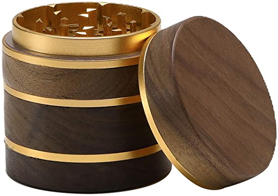 DCOU New Release Premium Large Wooden Spice Grinder Pollen Collector with Magnetic Lid and Pollen Catcher 4 Piece 2.5 inches (Gold)