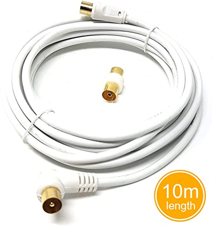 10m Long Tv Aerial Right Angle with Plug Adapter Coaxial Satellite Cable TV Antenna AV Lead Male to Male Coax Extension Cable Gold Plated Connectors White Flylead for Freeview, Sky/SkyHD, Virgin, BT
