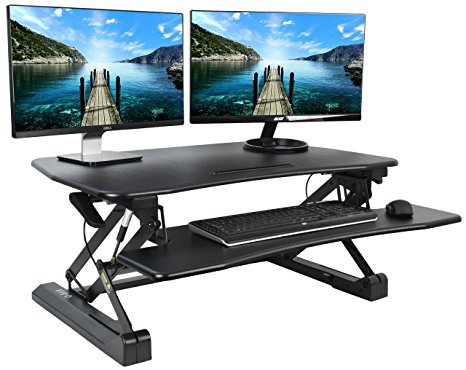 VIVO Black Deluxe Height Adjustable Standing Desk 35" Tabletop Monitor Sit to Stand Laptop Riser Removable Keyboard Tray Platform Converter (DESK-V000DB)