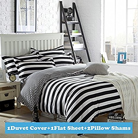 Ttmall Twin Full Queen Size Cotton 4-pieces Black White Stripes Prints Duvet Cover Sets (Queen, 4pcs Without Comforter)