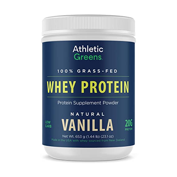Athletic Greens 100% Grass-Fed Whey Protein Low Carb Low Sugar Natural Vanilla Flavor, 20 Grams of Protein per Serving, 653 g