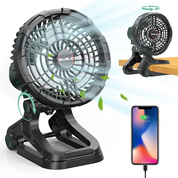 Portable Rechargeable Fan, 22500mAh Battery Operated Camping Fan for Tent, Quiet USB Table Clip on Fan for Home Bedroom with Light, 4 Shaking Modes(360°), 7 Timers for Camping, Power Outage, Jobsite