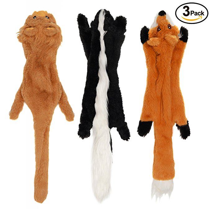 No Stuffing Dog Toys with Squeakers, Durable Stuffless Plush Squeaky Dog Chew Toy Set with Fox Skunk Lion for Small Medium and Large Dogs 3 Packs, 23-Inch