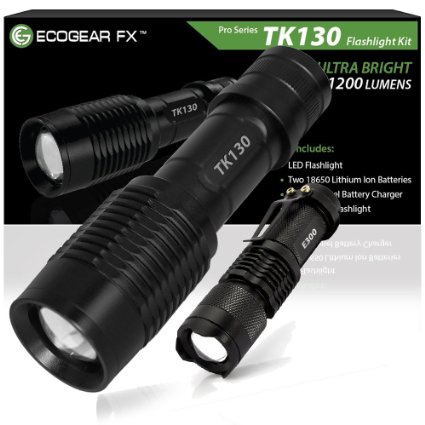 EcoGear FX LED Flashlight Kit (TK130): LED Flashlight for Camping, Security, General Use & More Offering a Zoom Function and 5 Light Modes - Includes Rechargeable Batteries, Charger & Mini Flashlight