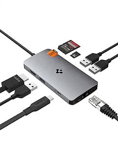 Spigen 8-in-1 USB C Hub Multiport Adapter 100W PD 3.0 microSD/SD Card Reader 5Gbps Data Port for MacBook Pro Air M1 M2 Steam Deck Dell XPS 4K 60Hz HDMI Ethernet USB C and 3 USB A Port