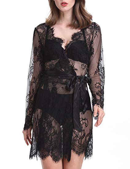 LIQQY Women's Floral Lace Robe Sexy Bathrobe Night Dressing Sleepwear