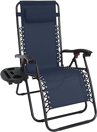 ABCCANOPY Zero Gravity Adjustable Reclining Patio Chair Lounge Chair with Removable Pillow and Cup Holder Tray, (Navy Blue)
