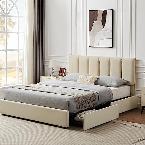 VECELO Full Upholstered Bed Frame with 4 Storage Drawers and Adjustable Velvet Headboard, Heavy-Duty Platform bedframe, No Box Spring Needed, Beige