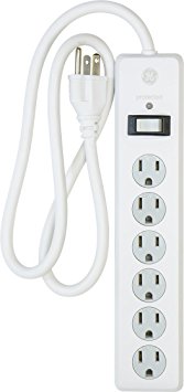 GE 14010 6-Outlet General Purpose Surge Protector, 800 Joules, 3 ft Cord, White, with Twist to Lock Safety Covers and Connected Equipment Warranty