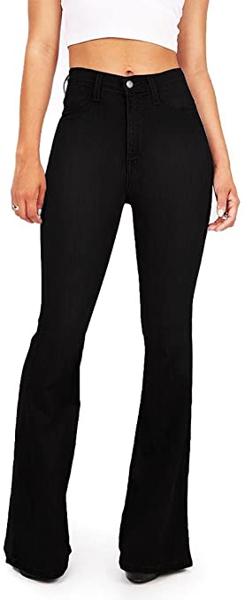 Vibrant Women's Juniors Bell Bottom High Waist Fitted Denim Jeans,Jet Black Denim,15