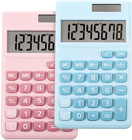 2 Pieces Basic Standard Calculators Electric Digital Desktop Calculator with 8-Digit LCD Display, Battery Solar Power Smart Calculator for Home Office School, 4.7 x 2.7 Inches (Blue, Pink)