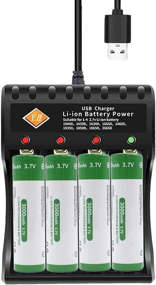 3.7V Rechargeable Batteries Charger kit For Flashlight Torch Headlamp, Flat Top High Drain 3000Mah Battery | Pack Of 4 With Usb Charger 4.2V 2A