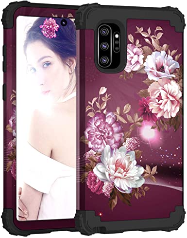 Hocase Galaxy Note 10 Plus Case, Heavy Duty Shockproof Protection Hard Plastic Silicone Rubber Hybrid Protective Phone Case for Galaxy Note 10  SM-N975/N976 (6.8-inch Display) 2019 - Burgundy Flowers