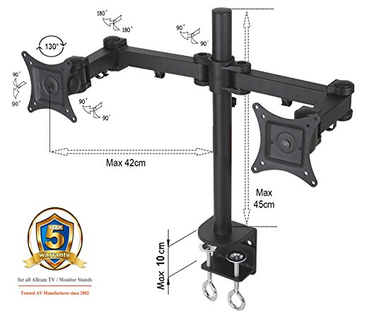 AM12D Dual Twin LCD/Led Monitor Desk Mount Bracket for 15"-27" Screens : Tilt up / down 15°, Freely Swivel left/right: 360°, Freely Rotate: 360°