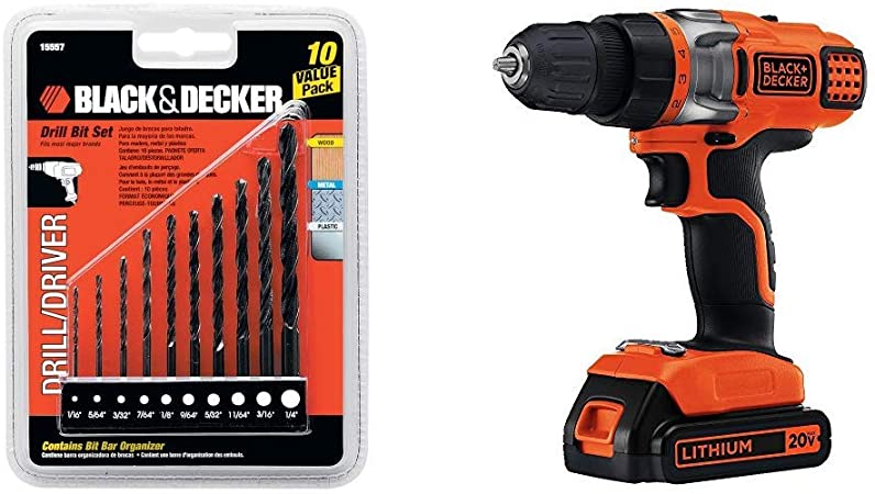 BLACK DECKER 15557 10-Piece Drill Bit Set with BLACK DECKER LDX220C 20V MAX 2-Speed Cordless Drill Driver (Includes Battery and Charger)