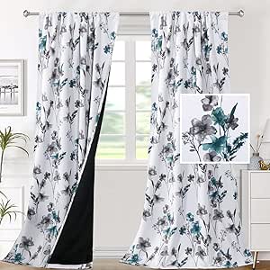 H.VERSAILTEX 100% Blackout Curtains for Bedroom Cattleya Floral Printed Drapes 96 Inches Long Leah Floral Pattern Full Light Blocking Drapes with Black Liner Rod Pocket 2 Panels, Grey/Teal