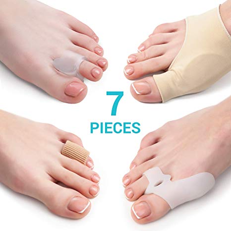 Bunion Corrector and Bunion Relief Kit - 7 Piece Set - 2 Sleeves with Gel Pad - 2 Toes Spacers with Hallux Valgus Shield - 2 Big Toe Separators - 1 Blister and Corn Tube - Hammer Toe Straightener