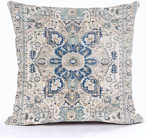 Snycler Blue Boho Style Throw Pillow Cover Ethnic Design Pattern Linen Persian Carpet Tribal Pattern Throw Pillow Case 18x18 inch Cushion Cover Home Office Decorative Square