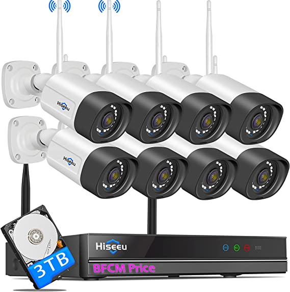 【2K,Two Way Audio】 Hiseeu Wireless Security Camera System,3TB Hard Drive,8Pcs 3MP Cameras 8Channel NVR,Mobile&PC Remote,Outdoor IP66 Waterproof,Night Vision,Motion Alert,Plug&Play,7/24/Motion Record