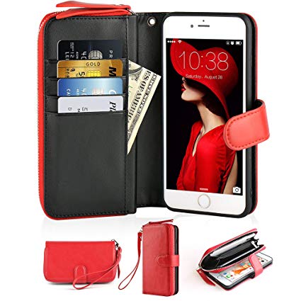iPhone 7 Plus Case, iPhone 8 Plus Case, JLFCH Leather Wristlet Zipper Wallet Flip Magnetic Closure Credit Card Slot Cash Holder Protective Case For iPhone 7 Plus/iPhone 8 Plus 5.5", Red
